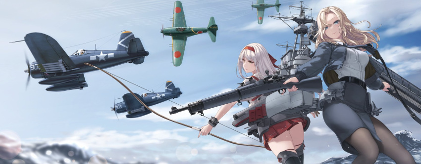 2girls aircraft airplane ass autocannon belt black_belt black_jacket black_legwear black_neckwear black_skirt blonde_hair blush bofors_40_mm_gun bomber_jacket boots bow_(weapon) breasts cannon commentary_request dress_shirt flight_deck grey_eyes gun hair_ribbon hairband highres holding holding_weapon hornet_(kancolle) jacket japanese_clothes kantai_collection large_breasts long_hair looking_at_viewer machinery miko military multiple_girls necktie ocean outdoors pantyhose pencil_skirt ribbon rifle rigging rokuwata_tomoe shirt shoukaku_(kancolle) skirt smile thigh_boots thighhighs weapon white_shirt