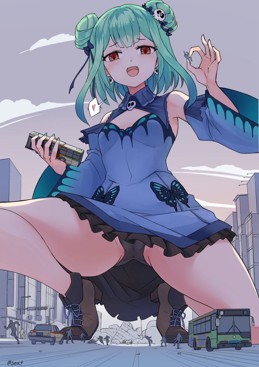 1girl absurdres bangs black_panties blue_dress blue_sleeves boots brown_footwear bus car detached_sleeves double_bun dress earrings giant giantess green_hair ground_vehicle hair_ornament high_heel_boots high_heels highres hololive jewelry motor_vehicle open_mouth panties pantyshot red_eyes seo_tatsuya short_hair sidelocks skull_earrings skull_hair_ornament smile solo squatting twitter_username underwear uruha_rushia virtual_youtuber