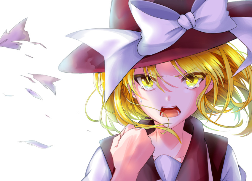 1girl angry blonde_hair bow brown_headwear brown_shirt clenched_hand crying crying_with_eyes_open fedora furious hat hat_bow open_mouth shirt short_hair simple_background tears touhou touhou_(pc-98) user_regk4543 v-shaped_eyebrows white_background white_bow yellow_eyes yuki_(touhou)