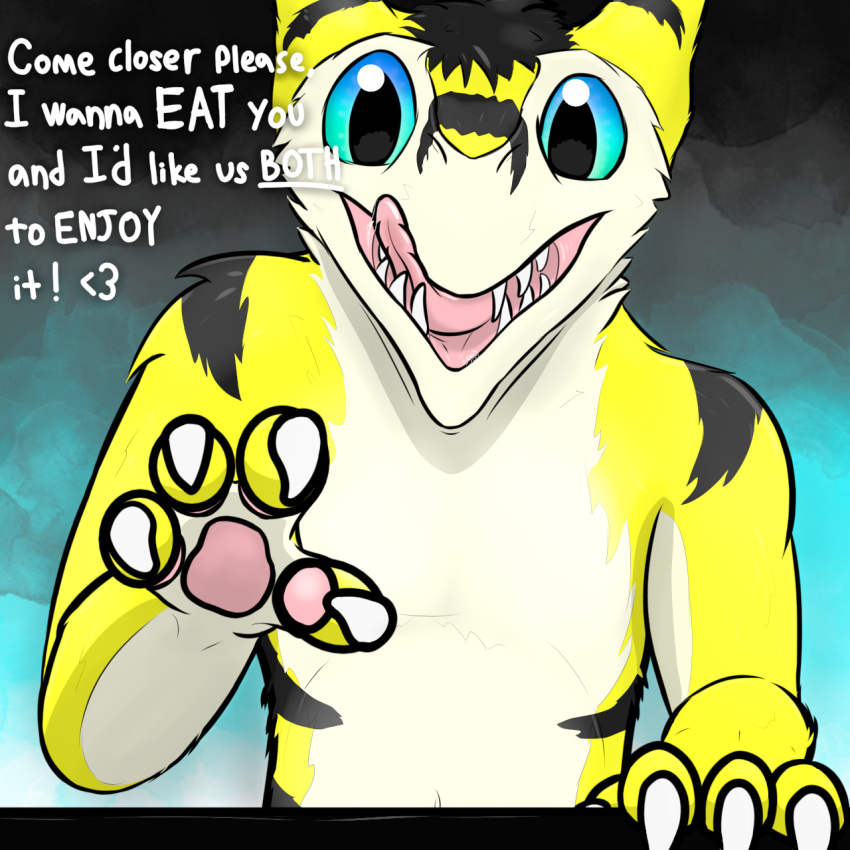 1:1 anthro black_stripes carbonicedragon dialogue english_text first_person_view hi_res imminent_vore licking licking_lips macro male reaching_towards_viewer sergal solo stripes talking_to_viewer text tongue tongue_out yellow_body