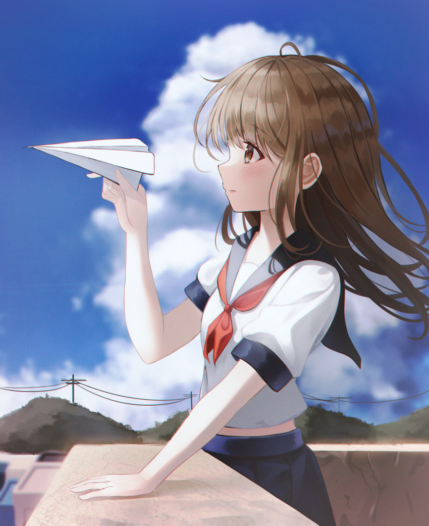 1girl absurdres bangs blue_sailor_collar blue_skirt blue_sky brown_eyes brown_hair closed_mouth cloud day eyebrows_visible_through_hair highres holding holding_paper_airplane leepy long_hair midriff_peek mountainous_horizon original outdoors paper_airplane power_lines red_neckwear sailor_collar school_uniform serafuku shirt short_sleeves skirt sky smile solo standing white_shirt