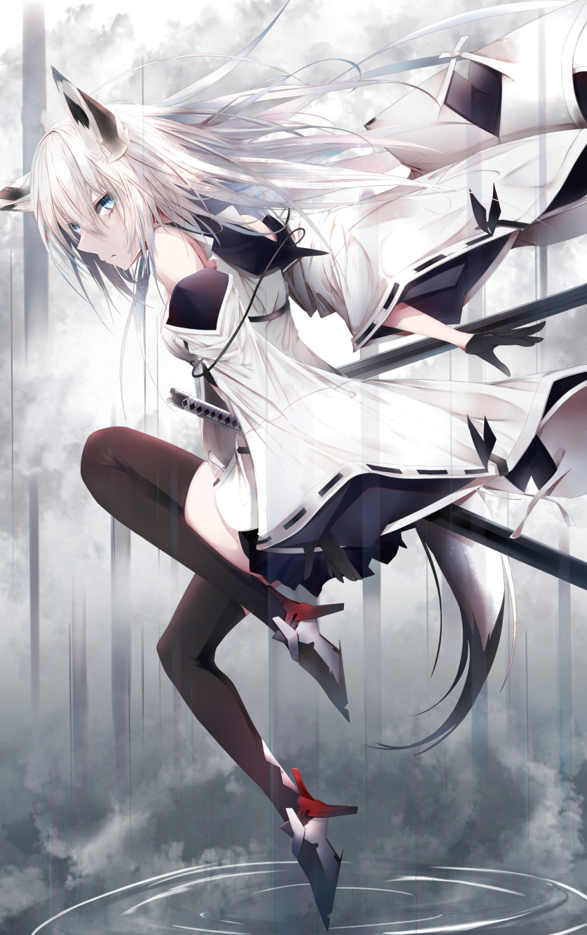 1girl absurdres animal_ears azur_lane bare_shoulders black_gloves black_legwear blue_eyes detached_sleeves dress fox_ears from_side full_body gloves hair_between_eyes half_gloves high_heels highres kawakaze_(azur_lane) long_hair looking_at_viewer multiple_swords solo standing standing_on_one_leg tail thighhighs tsukimiya_(tsukinami15) white_dress white_hair wide_sleeves