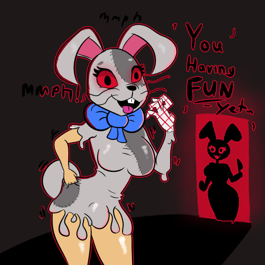 anthro big_breasts bow_tie breasts buckteeth bulge english_text female five_nights_at_freddy's five_nights_at_freddy's:_security_breach gender_transformation goo_transformation hacsaw hi_res mtf_transformation open_mouth red_sclera scottgames solo teeth text tongue tongue_out transformation vanny_(fnaf) video_games whiskers