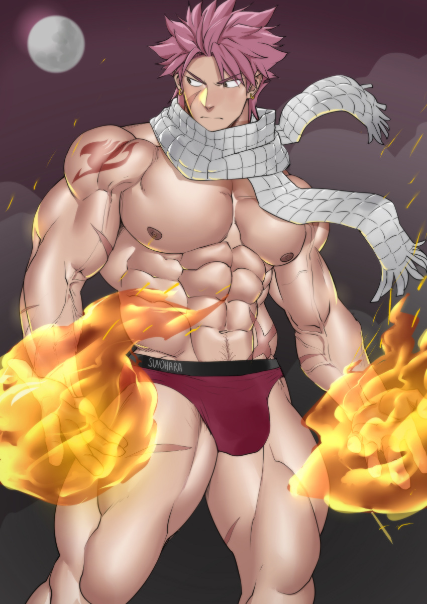 1boy abs absurdres bara briefs bulge closed_mouth earrings fairy_tail fire highres jewelry large_pectorals looking_to_the_side magic male_focus male_underwear muscular muscular_male natsu_dragneel navel nipples pectorals pink_hair pink_male_underwear scar scar_on_arm scar_on_cheek scar_on_face scar_on_leg scar_on_stomach scarf short_hair shoulder_tattoo solo spiked_hair suyohara tattoo thick_thighs thighs underwear veiny_arms