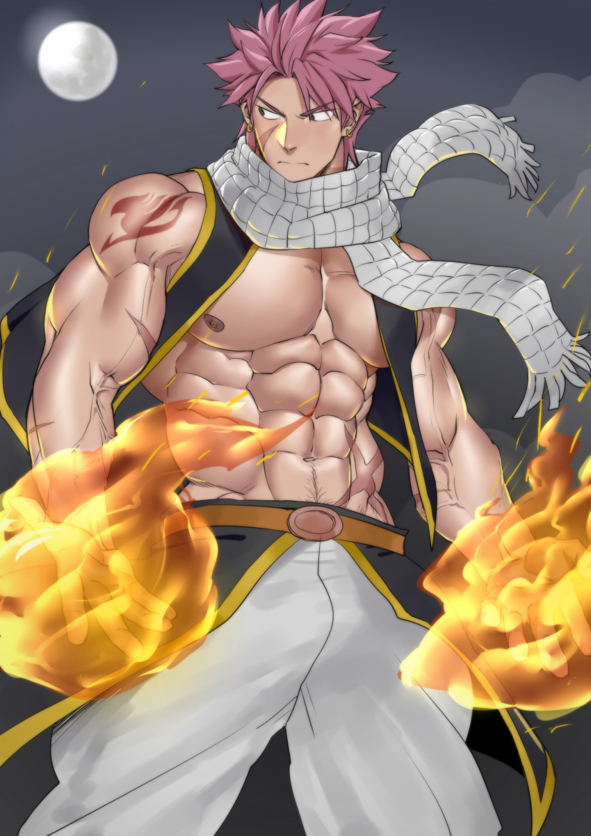 1boy abs absurdres bara bare_pectorals black_vest closed_mouth earrings fairy_tail fire highres jewelry large_pectorals looking_to_the_side magic male_focus muscular muscular_male natsu_dragneel navel nipples open_clothes open_vest pants pectorals pink_hair scar scar_on_arm scar_on_cheek scar_on_face scar_on_stomach scarf short_hair shoulder_tattoo solo spiked_hair suyohara tattoo veiny_arms vest white_pants