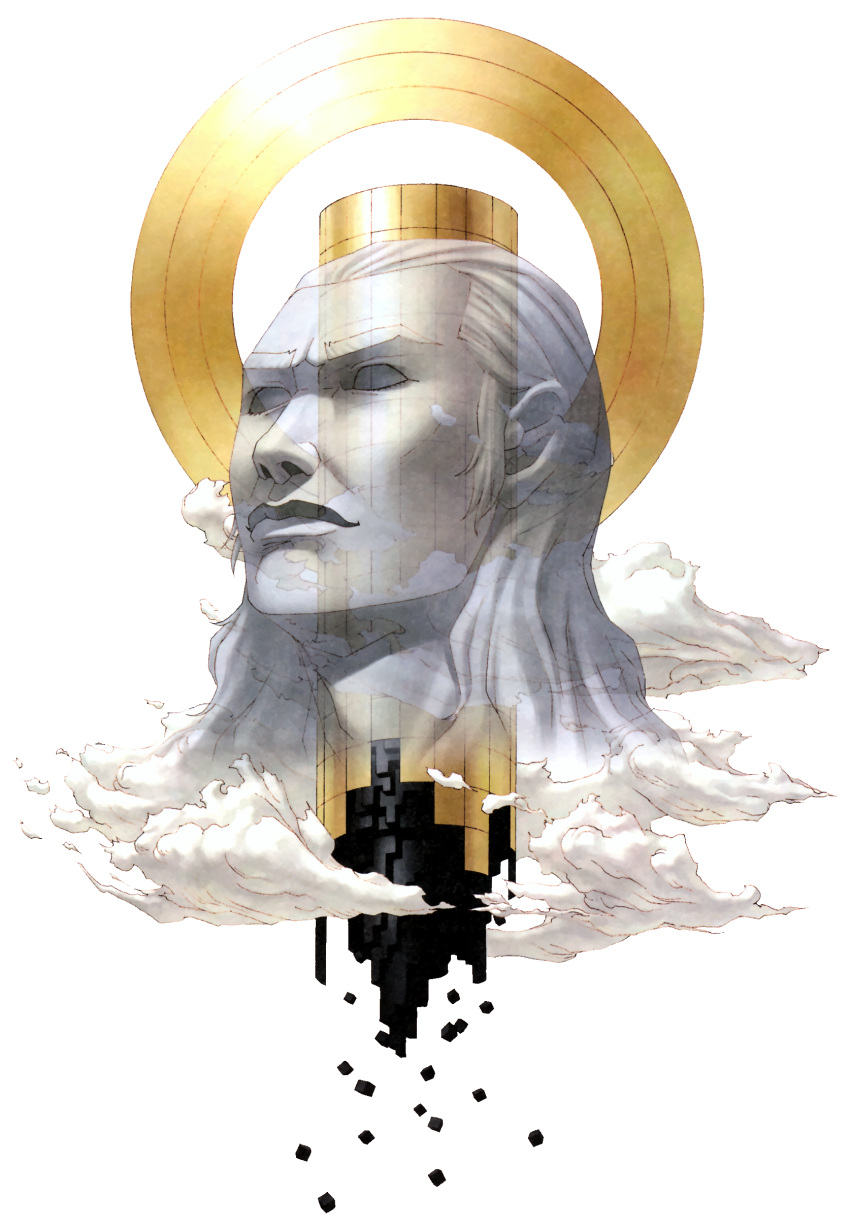 1boy absurdres babel_(megami_tensei) blank_eyes cloud colored_skin cube full_body ghost grey_hair grey_skin hair_pulled_back halo highres kazuma_kaneko long_hair megami_ibunroku_devil_survivor official_art scan see-through shin_megami_tensei solo third-party_source tower transparent_background