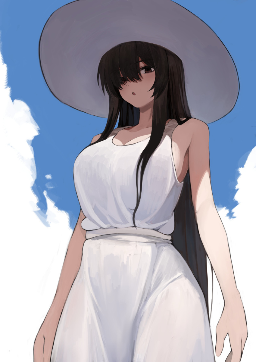 2ch absurdres bangs black_hair blush breasts cloud day dress hasshaku-sama hat highres huge_breasts long_hair looking_at_viewer looking_down marse_(rokudaime) open_mouth original shadow sky standing sun_hat very_long_hair white_dress