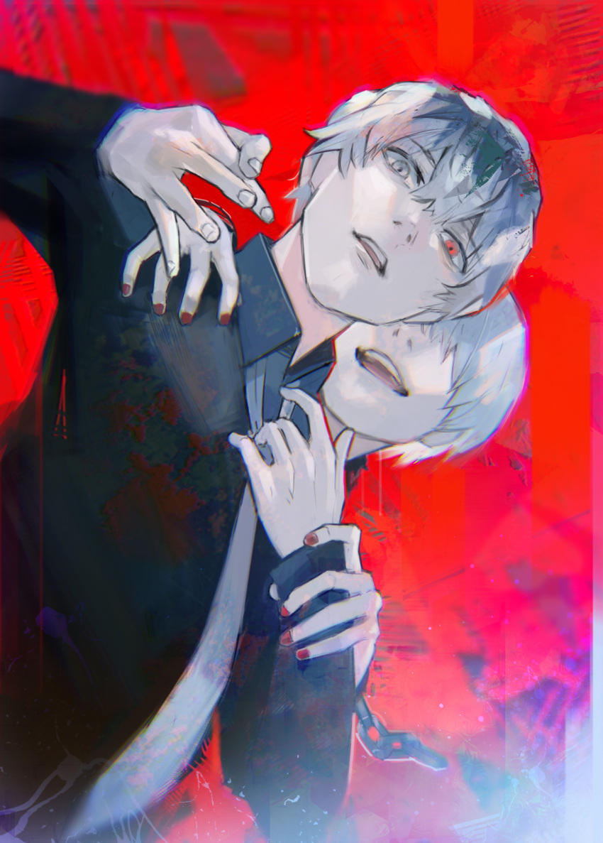 2boys :d bangs black_hair black_nails black_shirt blue_background collared_shirt commentary_request dual_persona grey_eyes grey_necktie hair_between_eyes hair_over_eyes hand_up heterochromia highres kaneki_ken kyuuba_melo looking_at_another multicolored_hair multiple_boys nail_polish necktie red_background red_eyes sasaki_haise shirt short_hair smile teeth tokyo_ghoul tokyo_ghoul:re two-tone_hair upper_body upper_teeth