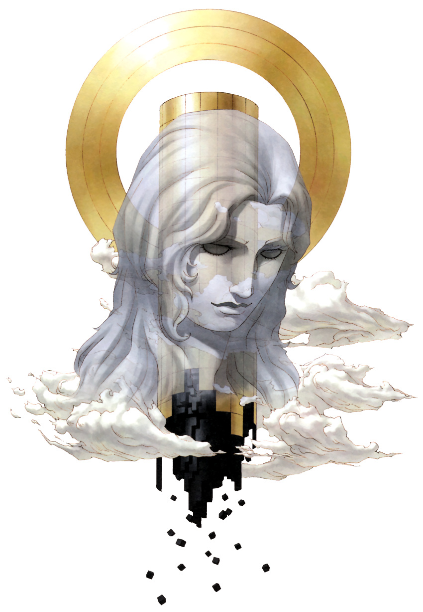 1girl absurdres babel_(megami_tensei) blank_eyes cloud colored_skin cube full_body ghost grey_hair grey_skin halo highres kazuma_kaneko long_hair megami_ibunroku_devil_survivor official_art scan see-through shin_megami_tensei solo third-party_source tower transparent_background