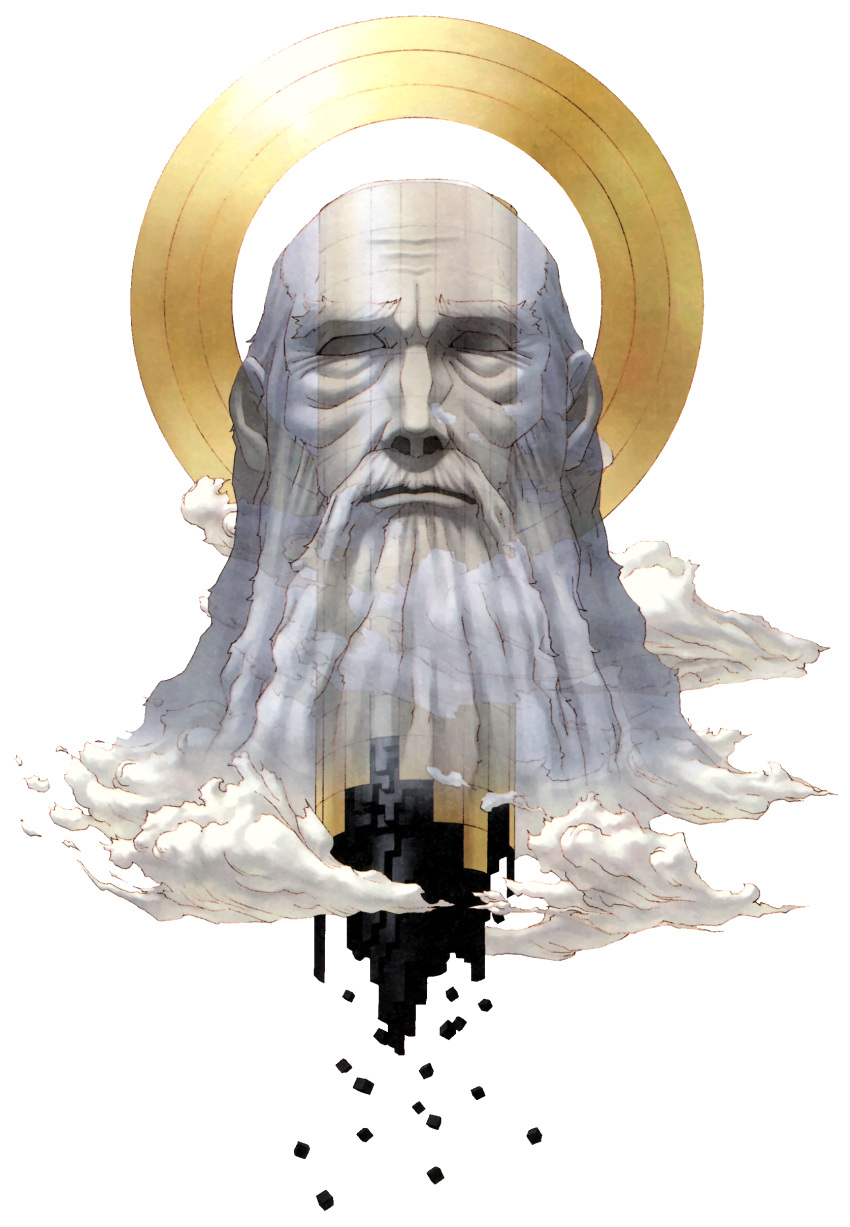 1boy absurdres babel_(megami_tensei) bald beard blank_eyes cloud colored_skin cube facial_hair full_body ghost grey_hair grey_skin halo highres kazuma_kaneko megami_ibunroku_devil_survivor official_art old old_man scan see-through shin_megami_tensei solo third-party_source tower transparent_background