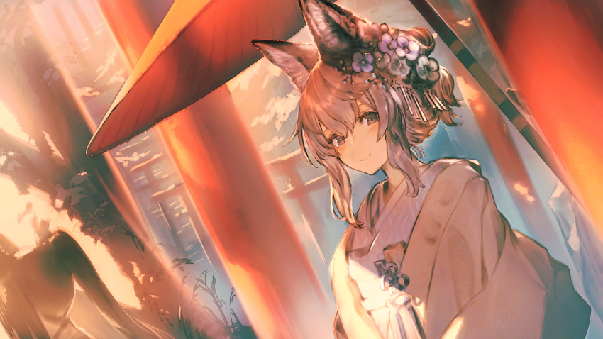 1girl animal_ears architecture bangs blush cloud east_asian_architecture flower garuku grass hair_flower hair_ornament highres japanese_clothes kimono looking_at_viewer original sky smile solo tied_hair tree umbrella
