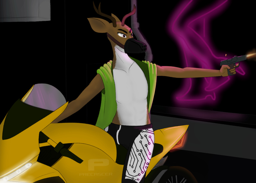 action_pose alex_ribeiro anthro athletic bare_chest bulge cervid cervine cyberpunk gunshot male mammal motorcycle neon_lights pose precascer science_fiction solo solo_focus vehicle