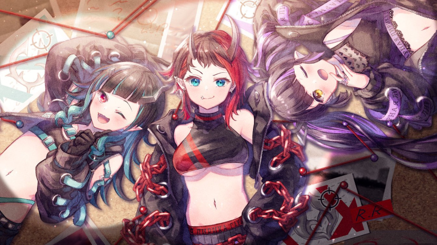 3girls bangs belt beltbra black_gloves black_hair black_jacket black_shirt black_skirt black_sports_bra blue_belt blue_eyes blue_hair blue_panties blunt_bangs breasts bulletin_board chain chest_belt closed_mouth clothing_cutout commentary_request crop_top cropped_jacket cross-laced_sleeves demon_girl demon_horns demon_tail ear_chain ear_piercing eyebrows_visible_through_hair fang flat_chest gloves heart heart_print highleg highleg_panties horns ittokyu jacket jewelry kojo_anna large_breasts long_hair long_sleeves looking_at_viewer medium_breasts midriff multicolored_hair multiple_girls navel official_art one_eye_closed open_clothes open_jacket open_mouth panties photo_(object) piercing pointy_ears print_shirt purple_hair red_eyes red_hair red_sports_bra ring russian_text ryugasaki_rene shirt shishio_chris short_hair shoulder_cutout skirt sleeveless sleeveless_shirt smile sports_bra sugar_lyric tail twintails two-tone_hair underboob underwear upper_body virtual_youtuber yellow_eyes zipper