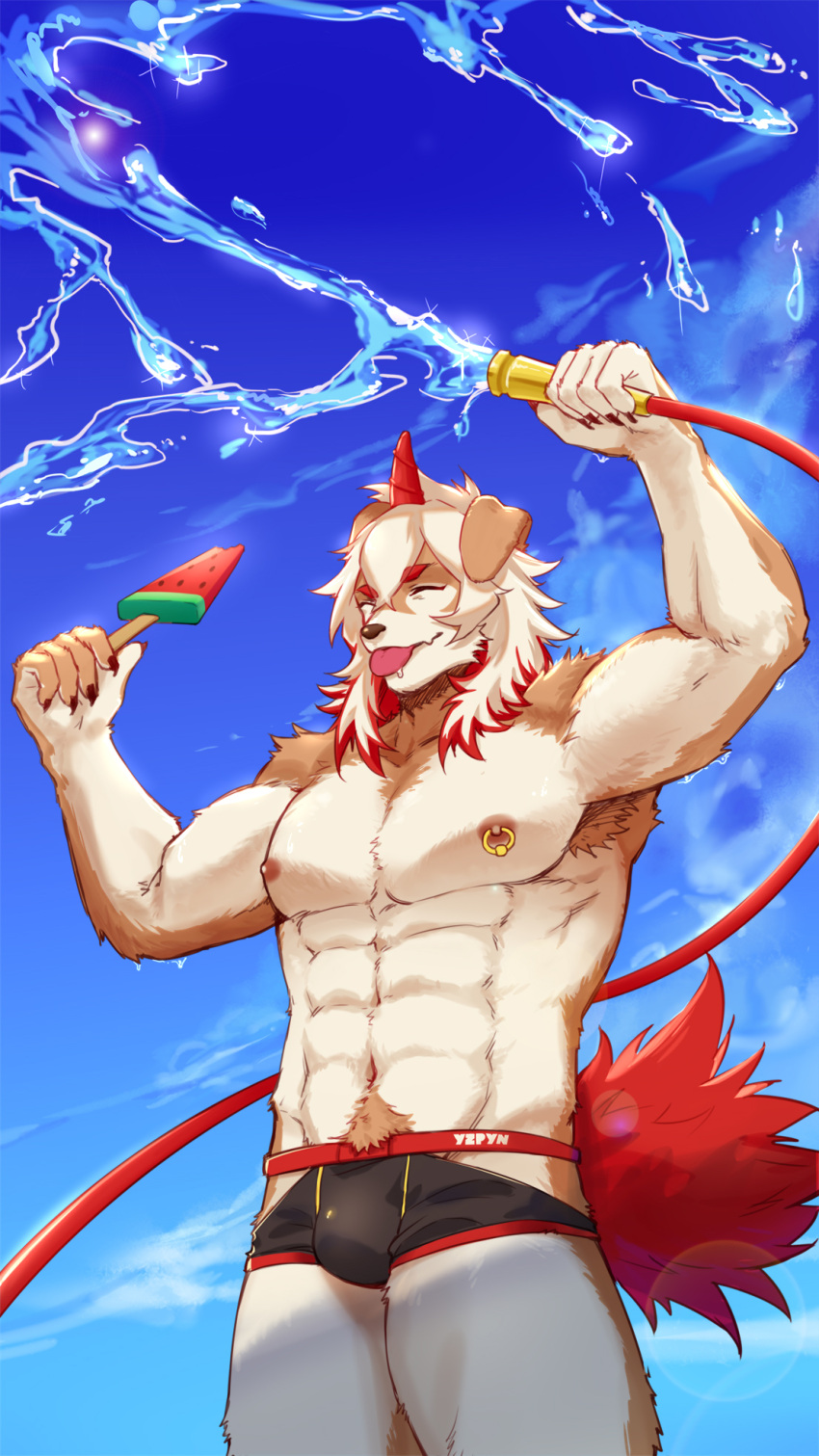 1boy :p abs alternate_costume animal_ears arknights bangs bara black_male_swimwear brown_fur bulge cowboy_shot dog_boy dog_ears food furry furry_male highres holding holding_hose horns hose hung_(arknights) large_pectorals male_focus male_swimwear medium_hair multicolored_hair muscular muscular_male navel navel_hair nipple_piercing nipple_rings nipples orange_hair pectorals piercing popsicle single_horn solo stomach streaked_hair swim_briefs thick_thighs thighs tongue tongue_out topless_male two-tone_fur water watermelon_bar white_fur white_hair yzpyn