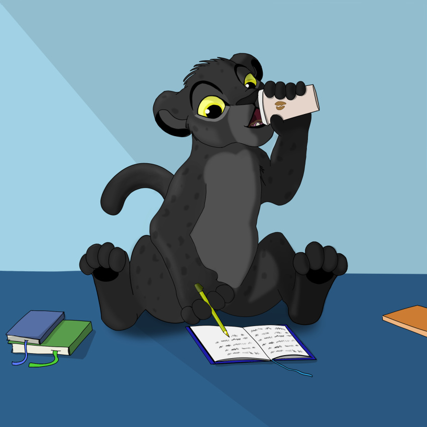 beverage black_body black_fur book coffee coffee_cup container cup drinking felid feral fur hi_res male mammal open_mouth pantherine pencil_(object) radixpanther radixpanther_(character) simple_background sitting solo spread_legs spreading writting yellow_eyes
