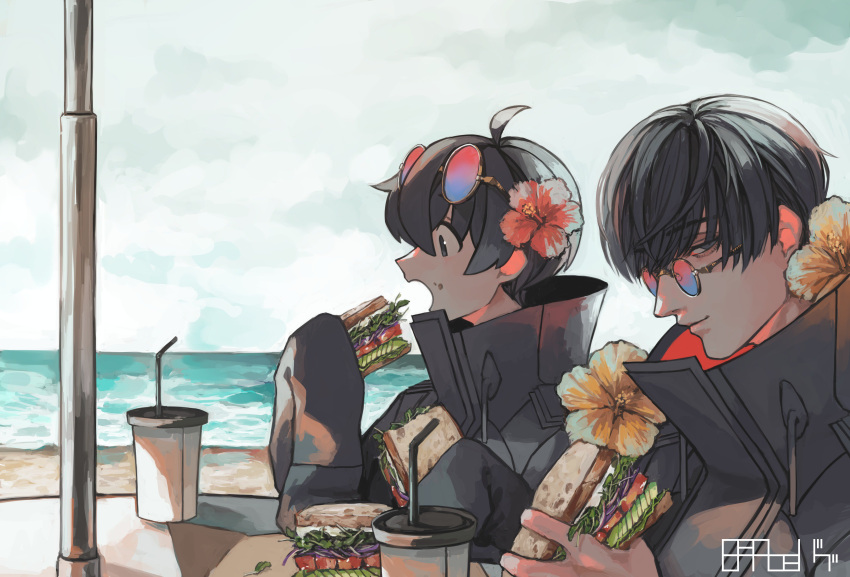 2boys absurdres ahoge bangs beach black_coat black_hair cloud cloudy_sky coat commentary cup day disposable_cup drinking_straw eating eyebrows_visible_through_hair eyewear_on_head fatalbug896 flower food food_on_face from_side german_commentary hair_flower hair_ornament hibiscus high_collar highres holding holding_food light_smile looking_at_viewer male_focus multiple_boys nichts_(fatalbug896) ocean open_mouth original outdoors profile red_flower round_eyewear sandwich short_hair sideways_glance sitting sky sleeves_past_fingers sleeves_past_wrists sunglasses table turtleneck two-sided_fabric upper_body water wille_(fatalbug896) yellow_flower