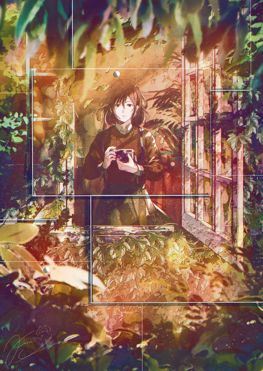 1girl backpack bag bangs brown_eyes brown_hair camera fusui highres holding holding_camera leaf looking_at_viewer original photo_(object) reflection scenery school_uniform solo standing sunlight water_drop window
