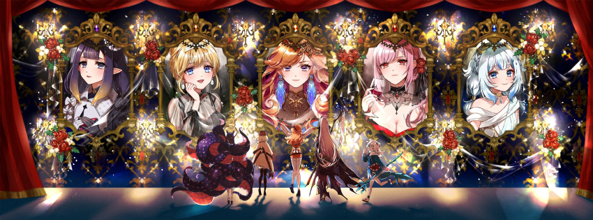 5girls alcohol back bangs bare_shoulders black_hair blonde_hair blue_eyes blue_hair blunt_bangs bow braid breasts candle candlestand choker cleavage collarbone commentary cup drinking_glass earrings eyebrows_visible_through_hair flower full_body gawr_gura gloves hair_bun halo hat high_heels highres holding holding_cup hololive hololive_english holomyth jewelry long_hair long_sleeves looking_at_viewer mamaloni medium_hair mori_calliope multicolored_hair multiple_girls multiple_views ninomae_ina'nis one_eye_closed open_mouth orange_hair pink_hair pointy_ears purple_eyes red_eyes rose see-through smile standing takanashi_kiara teeth tentacles thighhighs tongue twintails two-tone_hair watson_amelia white_hair wine wine_glass