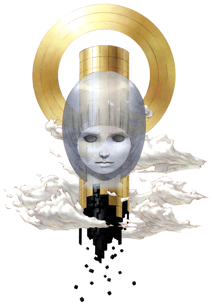 1boy absurdres babel_(megami_tensei) blank_eyes bob_cut child cloud colored_skin cube full_body ghost grey_hair grey_skin halo highres kazuma_kaneko looking_at_viewer megami_ibunroku_devil_survivor official_art scan see-through shin_megami_tensei solo third-party_source tower transparent_background