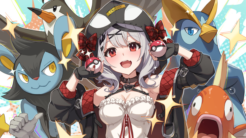 1girl :d black_collar black_gloves black_hair black_jacket blush bow breasts collar eyebrows_visible_through_hair fang fingerless_gloves gloves hair_ornament hands_up holding holding_poke_ball hololive hood hood_up jacket long_hair long_sleeves luxio magikarp medium_breasts medium_hair multicolored_hair nail_polish natsume0729 open_clothes open_jacket plaid plaid_bow poke_ball pokemon prinplup red_bow red_eyes red_nails sakamata_chloe shirt silver_hair skin_fang smile sparkle staravia streaked_hair virtual_youtuber white_shirt x_hair_ornament