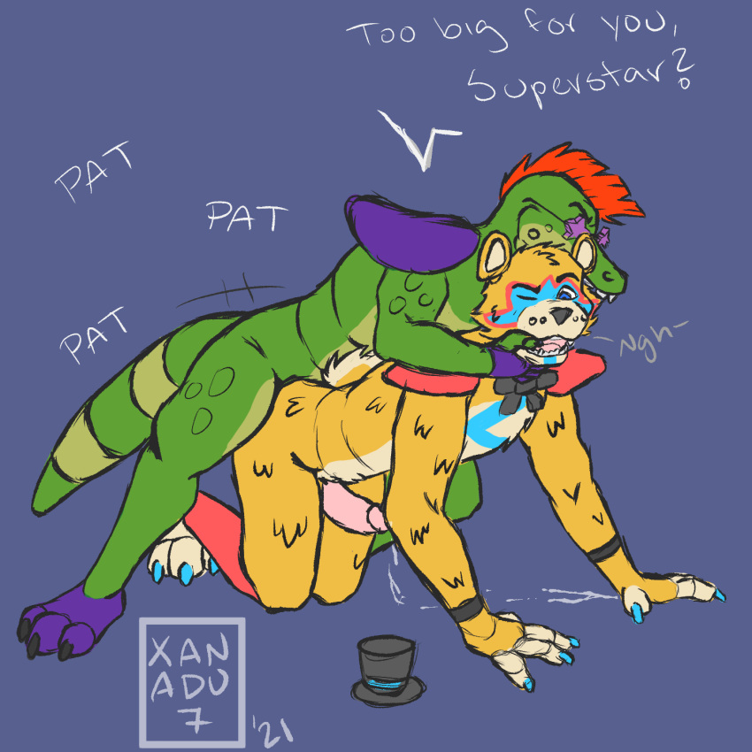 anthro crocodilian duo five_nights_at_freddy's five_nights_at_freddy's:_security_breach glamrock_freddy_(fnaf) hi_res male male/male mammal montgomery_gator_(fnaf) reptile scalie scottgames ursid video_games xanadu7_(artist)