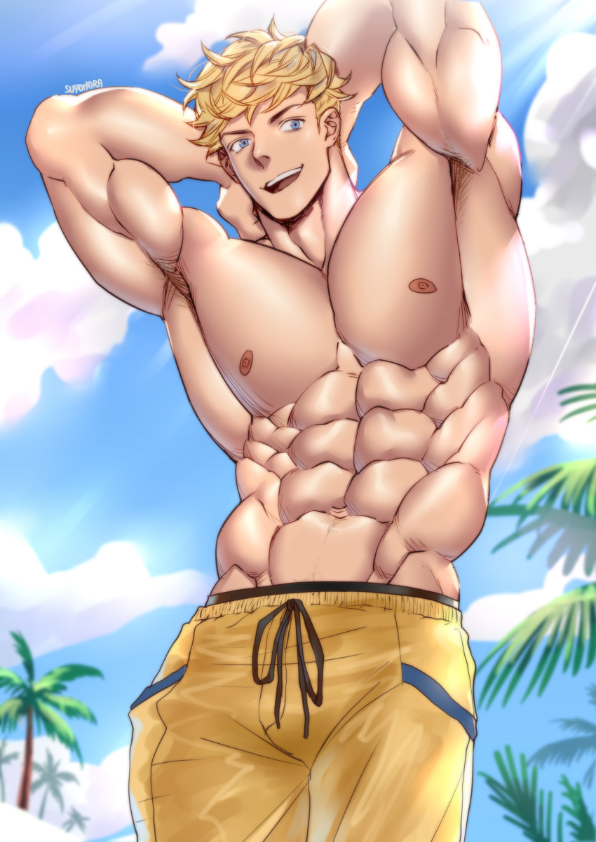 1boy abs absurdres arms_behind_head artist_name bangs bara blonde_hair cloud day granblue_fantasy highres large_pectorals looking_at_viewer male_focus male_swimwear muscular muscular_male navel nipples official_alternate_costume open_mouth outdoors pectorals short_hair sky smile solo suyohara topless_male vane_(granblue_fantasy) yellow_male_swimwear