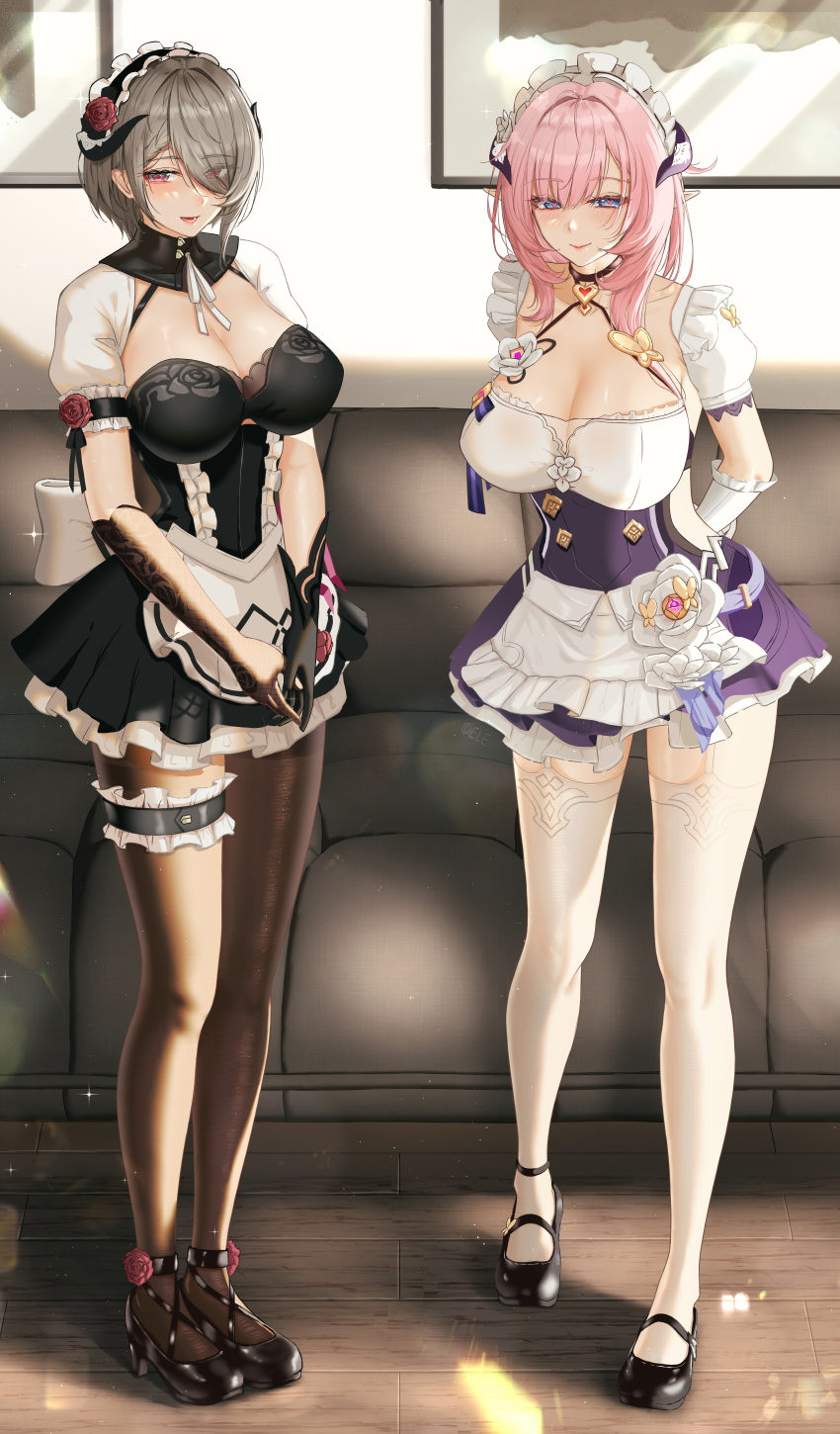 2girls :d absurdres apron arm_garter arms_behind_back asymmetrical_gloves back_bow bangs black_footwear black_gloves black_horns black_legwear blue_eyes bow braid braided_bangs breasts brown_hair butterfly_ornament choker cleavage closed_mouth couch day dress eleaaa elysia_(honkai_impact) eyes_visible_through_hair floral_print flower frilled_dress frills full_body garter_straps garters gloves grey_hair hair_flower hair_ornament hair_over_one_eye heart heart_pendant highres honkai_(series) honkai_impact_3rd horn_ornament horn_ribbon horns indoors large_breasts looking_at_viewer maid maid_apron maid_headdress mary_janes medium_hair mismatched_gloves mole mole_under_eye multiple_girls neck_ribbon open_mouth own_hands_together painting_(object) pantyhose picture_frame pink_hair pointy_ears puffy_short_sleeves puffy_sleeves purple_dress purple_horns red_eyes red_flower red_rose ribbon rita_rossweisse rita_rossweisse_(umbral_rose) rose running_bond shadow shoes short_hair short_sleeves single_braid smile sparkle standing stenciled_rose waist_apron white_apron white_flower white_gloves white_ribbon wooden_floor