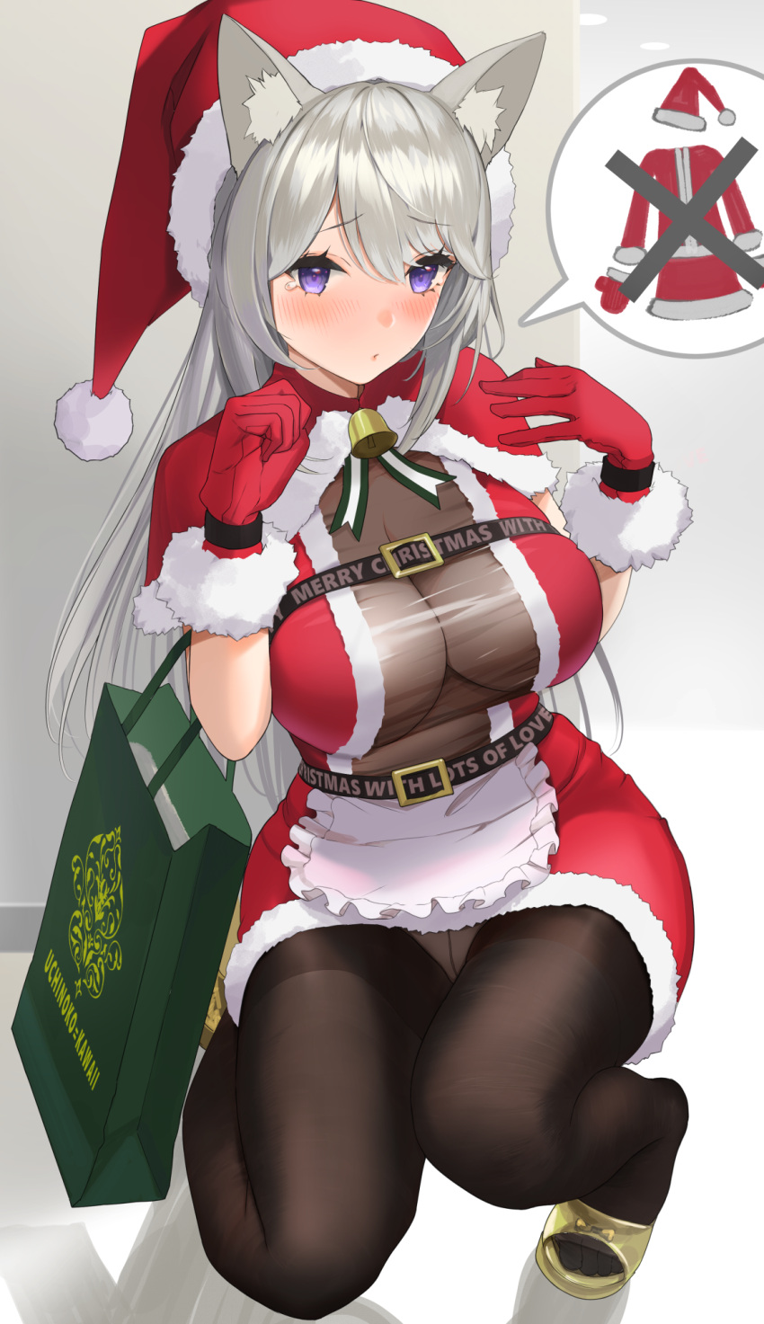 1girl :o animal_ears apron bag bell belt black_legwear blush breasts capelet cat_ears christmas cleavage dress eyebrows_visible_through_hair gloves gold_footwear grey_hair half_gloves hat highres kneeling large_breasts long_hair looking_at_viewer nanam_(nanam_sk) open_mouth original panties panties_under_pantyhose pantyhose pantyshot purple_eyes red_dress red_gloves red_headwear santa_dress santa_hat see-through shopping_bag simple_background solo speech_bubble thighband_pantyhose toeless_footwear underwear white_background white_panties