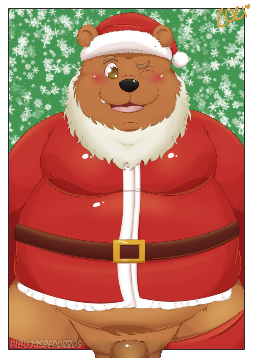 2021 anthro belly black_nose blush brown_body christmas christmas_clothing christmas_headwear clothed clothing dibujospedorros genitals hat headgear headwear hi_res holidays male mammal one_eye_closed overweight overweight_male penis santa_claus santa_hat solo ursid wink