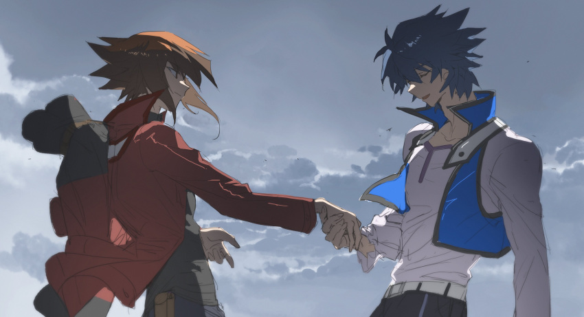 2boys absurdres backpack bag bangs blue_hair brown_hair closed_eyes cocaduel cowboy_shot duel_academy_uniform_(yu-gi-oh!_gx) from_side gradient_hair highres holding_hands jacket johan_andersen long_sleeves male_focus medium_hair multicolored_hair multiple_boys red_jacket school_uniform short_hair sidelocks sky smile talking two-tone_hair yaoi yu-gi-oh! yu-gi-oh!_gx yuuki_juudai