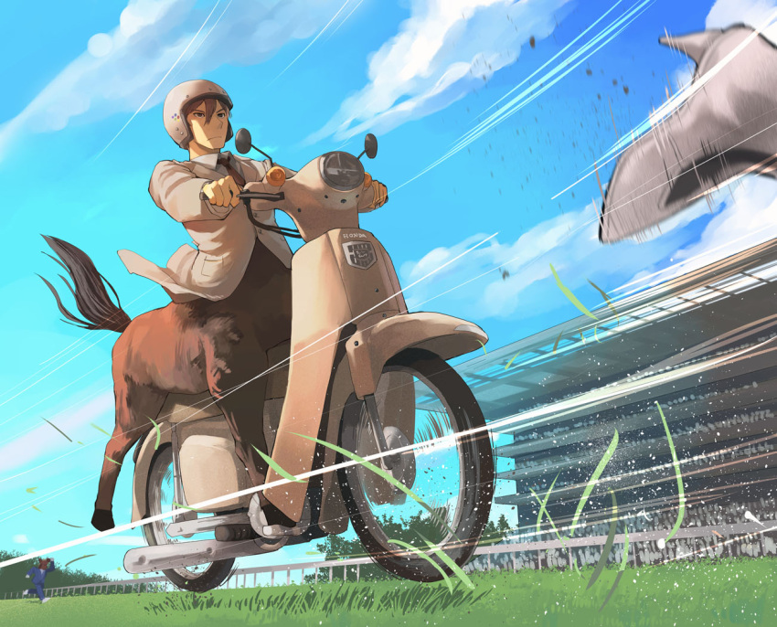 2boys bangs blue_sky brown_eyes brown_hair centaur character_request closed_mouth cloud collared_shirt commentary_request copyright_request crowd day dress_shirt formal full_body grass ground_vehicle hair_between_eyes helmet honda horse_head horse_racing horse_racing_track horse_tail indoors jacket long_sleeves male_focus monster_boy motor_vehicle motorcycle motorcycle_helmet multiple_boys multiple_legs racing shadow shimekiri_(yamada4vt) shirt sidelocks sitting sky suit tail taur vehicle_request virtual_youtuber white_footwear white_jacket white_shirt