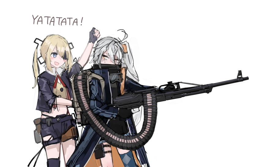 2girls ahoge arm_up black_gloves blonde_hair blue_eyes blush clenched_hand eyepatch feet_out_of_frame girls'_frontline gloves goggles gun hair_between_eyes hair_ornament highres holding holding_gun holding_weapon jacket long_hair looking_at_another looking_to_the_side machine_gun multiple_girls open_clothes open_jacket open_mouth orange_eyes pkp_(girls'_frontline) pkp_pecheneg rampart1028 shorts side_ponytail silver_hair simple_background single_thighhigh skorpion_(girls'_frontline) smile thighhighs twintails weapon white_background