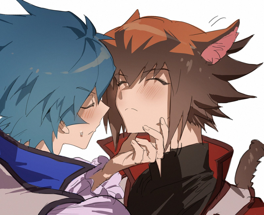 2boys animal_ears bangs blue_hair blush brown_hair cat_boy cat_ears cat_tail cocaduel couple duel_academy_uniform_(yu-gi-oh!_gx) gradient_hair highres jacket johan_andersen kemonomimi_mode long_sleeves male_focus medium_hair motion_lines multicolored_hair multiple_boys petting red_jacket school_uniform short_hair sidelocks tail two-tone_hair upper_body yaoi yu-gi-oh! yu-gi-oh!_gx yuuki_juudai