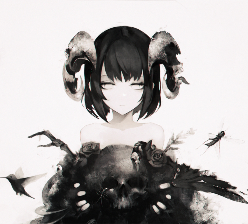 1girl bare_shoulders bird black_flower black_hair black_rose blank_eyes bone bug centipede demon_girl flower frown gyup highres holding holding_skull horns horror_(theme) hummingbird locust monochrome muted_color original rose short_hair simple_background skull solo vulture white_background