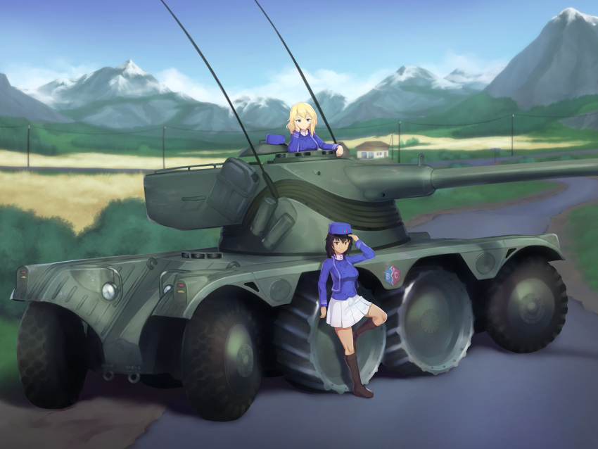 2girls absurdres adjusting_clothes adjusting_headwear andou_(girls_und_panzer) bangs bc_freedom_(emblem) bc_freedom_military_uniform black_eyes black_footwear black_hair blonde_hair blue_eyes blue_headwear blue_jacket blue_sky blue_vest blurry blurry_background boots brown_eyes cloud cloudy_sky commentary dark-skinned_female dark_skin day depth_of_field dress_shirt ebr_75 emblem english_commentary foot_up girls_und_panzer ground_vehicle hat hat_removed head_rest headwear_removed high_collar highres jacket kepi knee_boots light_frown light_smile long_sleeves looking_at_viewer medium_hair messy_hair military military_hat military_uniform military_vehicle miniskirt motor_vehicle mountain multiple_girls oshida_(girls_und_panzer) outdoors pleated_skirt power_lines road scenery shadow shirt skirt sky standing uniform vest warmcummies white_shirt white_skirt