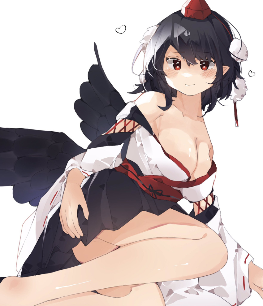 1girl armpit_crease bangs bare_shoulders bird_wings black_hair black_skirt black_wings blush breasts cleavage closed_mouth collarbone commentary_request dot_nose feathered_wings gominami hand_on_own_ass hat heart highres japanese_clothes kourindou_tengu_costume legs long_sleeves looking_at_viewer lying no_bra obi official_alternate_costume on_side pointy_ears pom_pom_(clothes) red_eyes red_headwear ribbon-trimmed_sleeves ribbon_trim sash shameimaru_aya shiny shiny_skin short_hair simple_background skirt solo thighs tokin_hat touhou white_background wide_sleeves wings