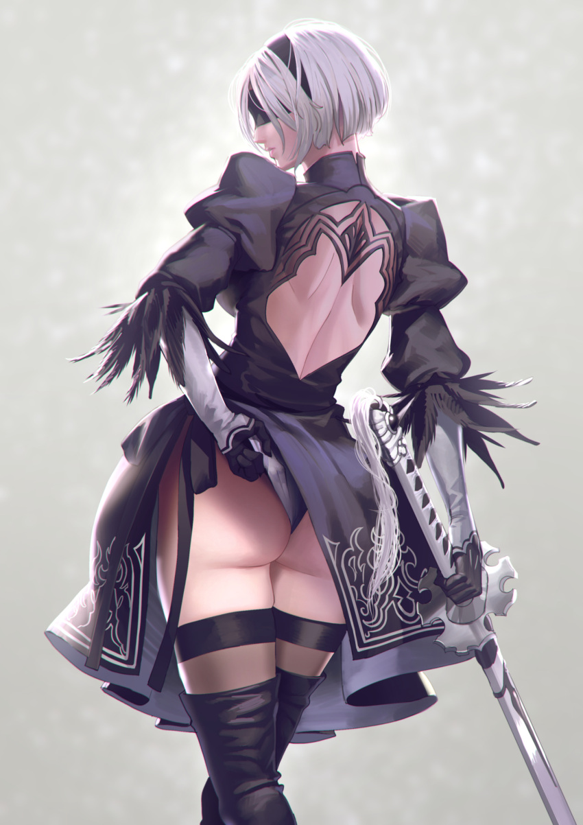 1girl adjusting_clothes adjusting_leotard ass black_blindfold black_dress blindfold bow clothes_lift commentary_request dress dress_lift flat_ass from_behind gloves hair_bow highres juliet_sleeves katana leotard long_sleeves moruga nier_(series) nier_automata puffy_sleeves revision short_dress short_hair solo sword thighs weapon white_hair yorha_no._2_type_b