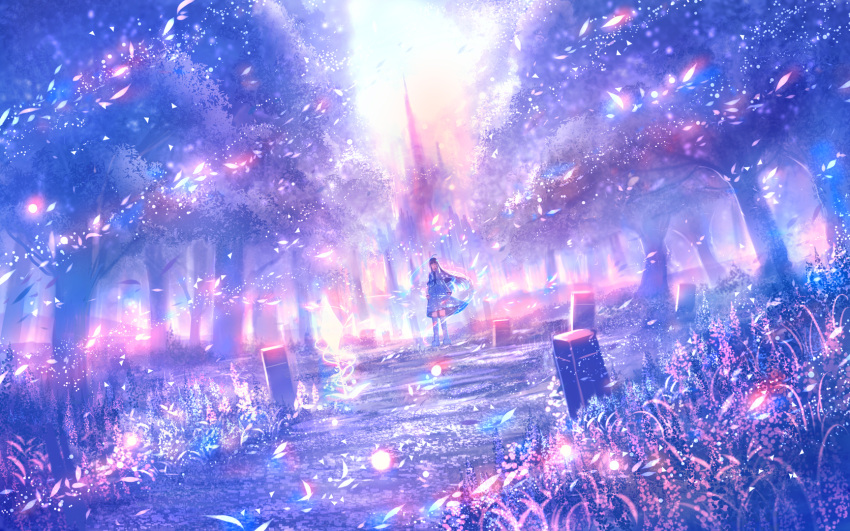 1girl ahoge black_hair blurry boots building capelet colorful depth_of_field dress dutch_angle fantasy grass highres light_particles long_hair looking_at_viewer original outdoors path purple sakimori_(hououbds) scenery solo thighhighs tree wind