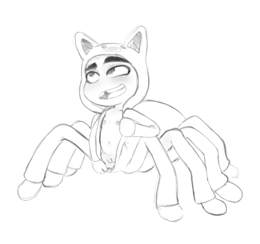 2021 anthro arachnid arthropod blush clothing costume dreamworks female flat_chested genitals greyscale hi_res monochrome ms._tarantula_(the_bad_guys) mygalomorph nipples open_mouth padoga pussy simple_background sketch solo spider tarantula the_bad_guys undressing unzipping white_background