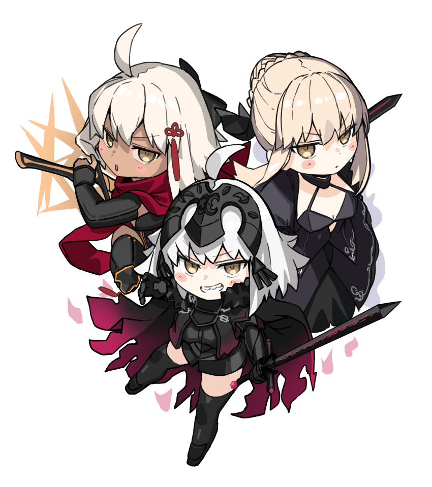 3girls absurdres ahoge armor armored_dress artoria_pendragon_(fate) bangs black_dress black_legwear black_ribbon black_sleeves blonde_hair blush braid breasts brown_eyes cape chain chibi comiket_99 commentary_request dark-skinned_female dark_skin dress fate/grand_order fate_(series) french_braid fur-trimmed_cape fur_trim gauntlets gothic_lolita hair_ornament hair_ribbon headpiece highres holding holding_sword holding_weapon jeanne_d'arc_(alter)_(fate) jeanne_d'arc_(fate) lolita_fashion looking_at_viewer medium_breasts medium_hair multiple_girls okita_souji_(alter)_(fate) okita_souji_(fate) open_mouth parted_lips ranf red_scarf ribbon saber_alter scarf sharp_teeth sidelocks simple_background small_breasts smile sword tassel teeth thighhighs tsurime weapon white_background white_hair