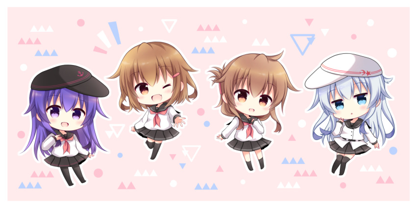 4girls akatsuki_(kancolle) anchor_symbol black_headwear black_legwear black_sailor_collar black_skirt blue_eyes brown_eyes brown_hair flat_cap folded_ponytail hair_between_eyes hair_ornament hairclip hammer_and_sickle hat hibiki_(kancolle) ikazuchi_(kancolle) inazuma_(kancolle) kantai_collection kashiwadokoro lightning long_hair multiple_girls neckerchief one_eye_closed pantyhose pleated_skirt purple_eyes purple_hair red_neckerchief red_star remodel_(kantai_collection) sailor_collar school_uniform serafuku short_hair silver_hair skirt socks thighhighs verniy_(kancolle) white_headwear