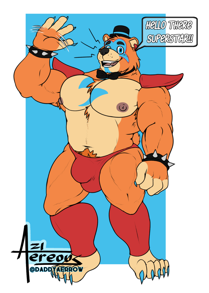 aereous animatronic anthro armpit_hair big_bulge blue_claws blue_eyes body_hair bow_tie bracelet bulge chest_hair claws clothed clothing dialogue dialogue_box digital_drawing_(artwork) digital_media_(artwork) ear_piercing five_nights_at_freddy's five_nights_at_freddy's:_security_breach freddy_(fnaf) fur glamrock_freddy_(fnaf) hat headgear headwear hi_res jewelry looking_at_viewer machine male mammal multicolored_body multicolored_fur musclegut muscular muscular_anthro muscular_arms muscular_male muscular_thighs nipples pecs piercing pubes robot scottgames shoulder_pads smile solo speedo spiked_bracelet spikes swimwear ursid ursine video_games