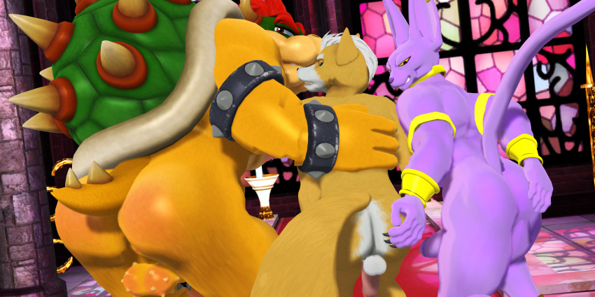 3d_(artwork) anthro anus balls beerus big_butt bowser butt canid canine digital_media_(artwork) domestic_cat dragon_ball dragon_ball_super erection felid feline felis fox fox_mccloud genitals group hairless hairless_cat hi_res koopa looking_back male male/male malicekira mammal mario_bros muscular muscular_male nintendo nipples nude open_mouth penis presenting presenting_hindquarters scalie smile sphynx_(cat) spikes star_fox video_games