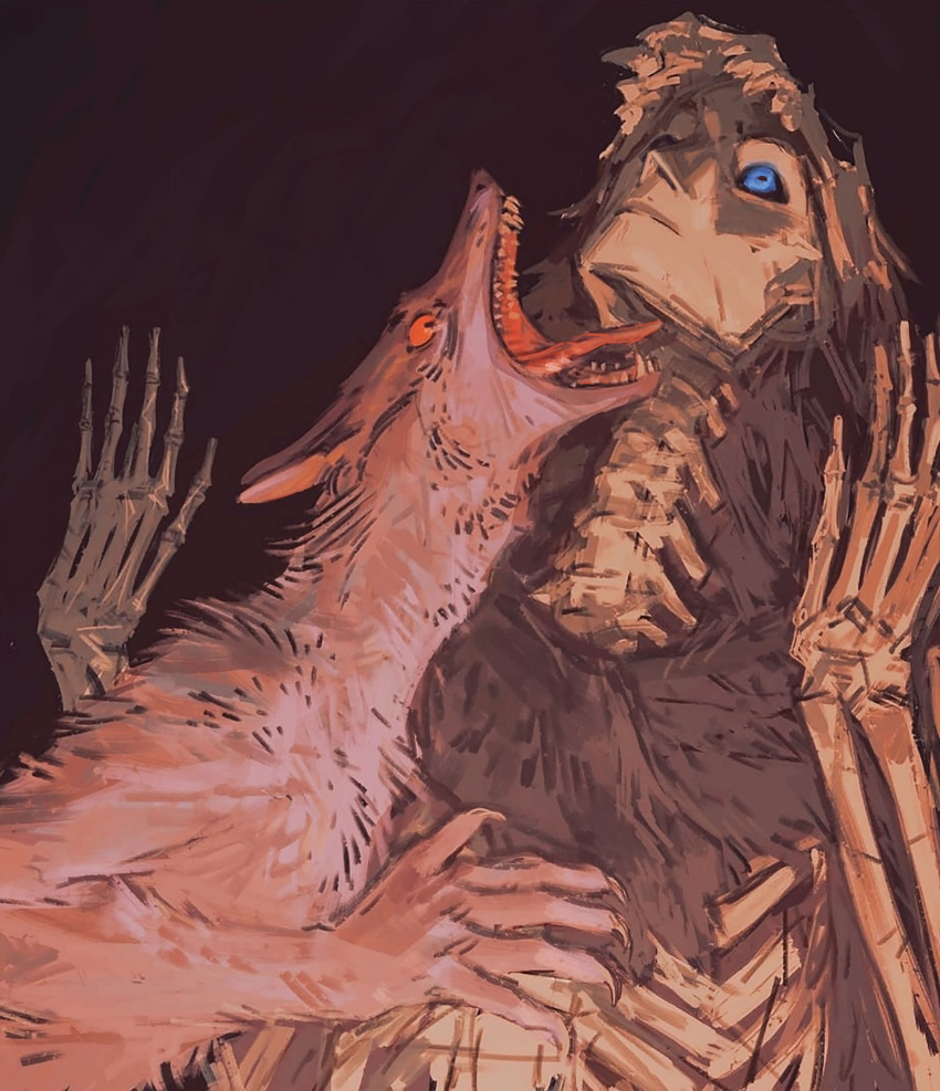5_fingers absurd_res ambiguous_gender animated_skeleton anthro blue_eyes bone brown_background claws duo fingers fur hand_on_chest hi_res humanoid looking_at_another looking_up open_mouth pink_body pink_fur raised_arms red_eyes shanikafaceless simple_background skeleton teeth tongue tongue_out undead unknown_species
