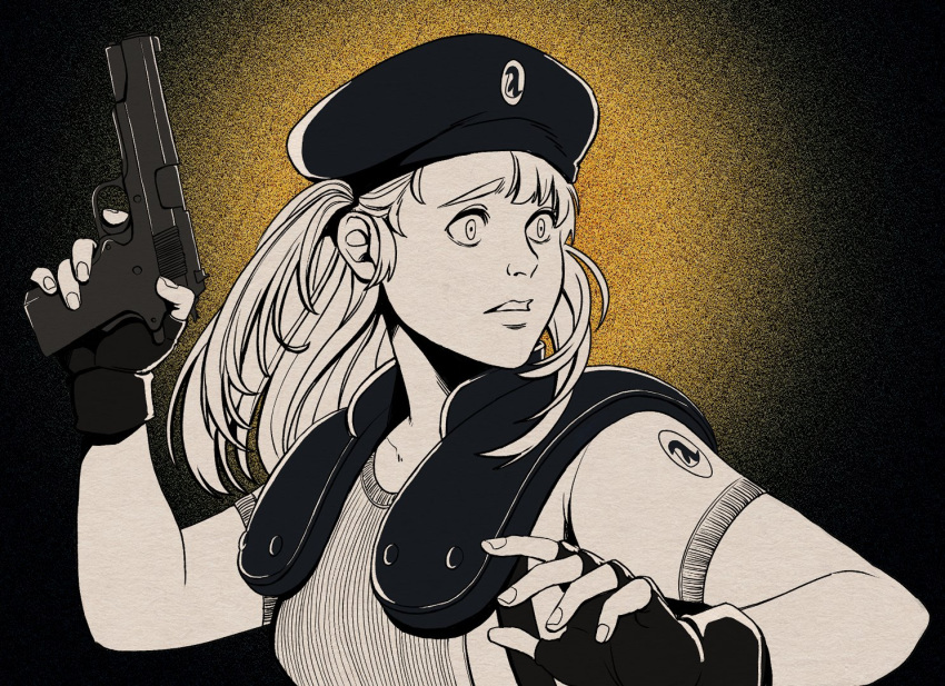 1girl allee_official beret cosplay fingers gun handgun hat jill_valentine jill_valentine_(cosplay) limited_palette one_side_up pengin_pina penguin_girl police police_uniform prism_project resident_evil shoulder_pads solo uniform virtual_youtuber weapon