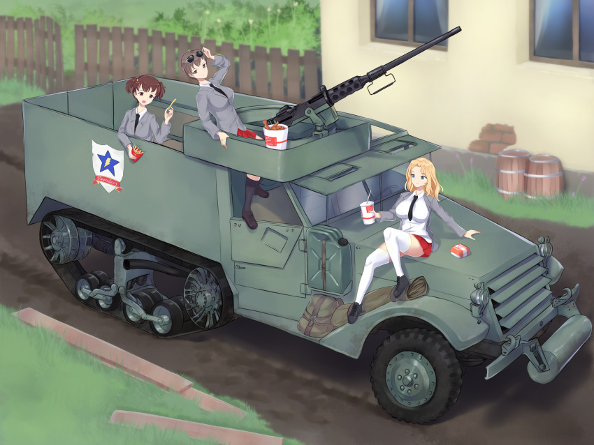 3girls adjusting_eyewear alisa_(girls_und_panzer) arm_up bangs black_footwear blazer blonde_hair blouse blue_eyes blue_footwear brown_eyes brown_hair browning_m2 building closed_mouth collared_blouse commentary cup day dirt_road disposable_cup dress_shirt emblem english_text eyewear_on_head fence food french_fries girls_und_panzer grass grey_jacket grey_legwear ground_vehicle hair_intakes hair_ornament half-track highres holding holding_cup holding_food jacket kay_(girls_und_panzer) kfc knee_up kneehighs loafers long_hair long_sleeves looking_at_another looking_back m3_half-track mcdonald's military military_vehicle miniskirt motor_vehicle multiple_girls naomi_(girls_und_panzer) necktie on_vehicle open_clothes open_jacket open_mouth outdoors pleated_skirt red_skirt road saunders_(emblem) saunders_school_uniform school_uniform shirt shoes short_hair short_twintails sitting skirt sleeves_rolled_up smile socks star_(symbol) star_hair_ornament sunglasses thighhighs twintails very_short_hair warmcummies white_blouse white_legwear white_shirt wing_collar wooden_fence