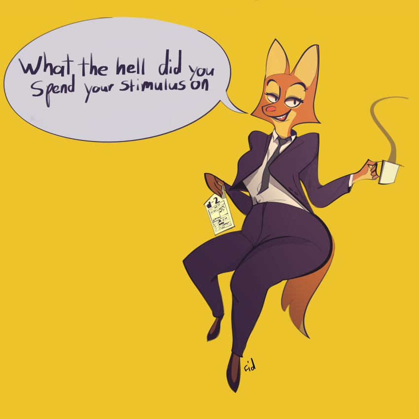 absurd_res anthro beverage canid canine clothing coffee diane_foxington dreamworks female fidhifi fox hi_res mammal necktie piercing solo suit taxes the_bad_guys