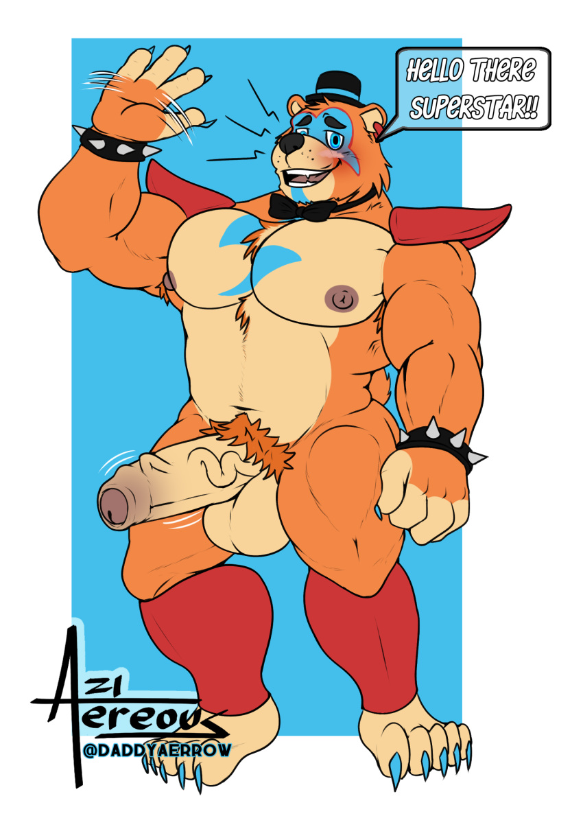 aereous animatronic anthro armpit_hair balls big_balls big_penis blue_claws blue_eyes blush blush_lines body_hair bow_tie bracelet chest_hair claws clothed clothing dialogue dialogue_box digital_drawing_(artwork) digital_media_(artwork) ear_piercing five_nights_at_freddy's five_nights_at_freddy's:_security_breach freddy_(fnaf) fur genitals glamrock_freddy_(fnaf) hat headgear headwear hi_res jewelry looking_at_viewer machine male mammal multicolored_body multicolored_fur musclegut muscular muscular_anthro muscular_arms muscular_male muscular_thighs nipples pecs penis piercing pubes robot scottgames shoulder_pads smile solo speedo spiked_bracelet spikes swimwear ursid ursine vein veiny_penis video_games