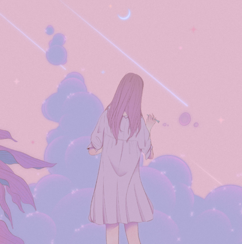 1girl bubble bubble_blowing cloud cloudy_sky crescent_moon dress feet_out_of_frame hand_up highres leaf long_hair moon original pink_theme plant purple_hair rasukusekai shooting_star short_sleeves sky solo white_dress