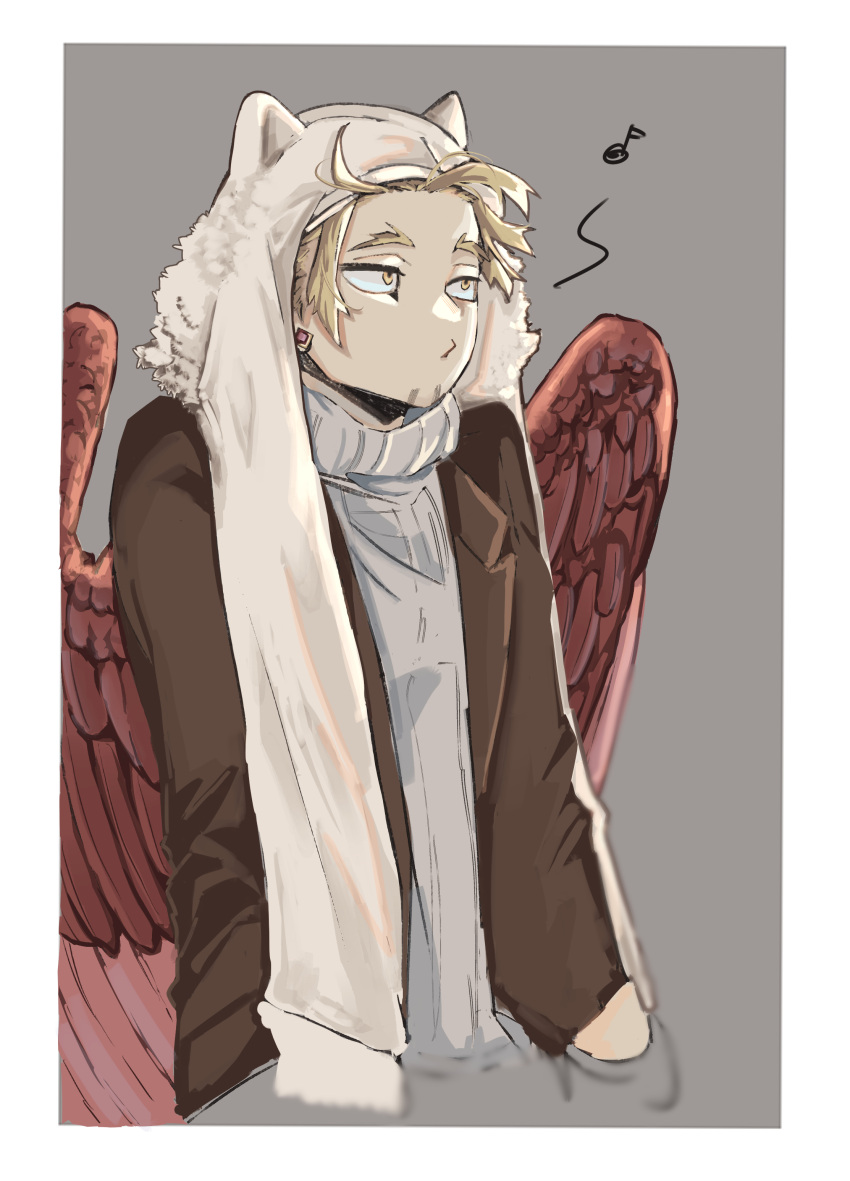 absurdres barururunru blonde_hair boku_no_hero_academia casual ear_piercing eyeliner facial_hair feathered_wings hat hat_with_ears hawks_(boku_no_hero_academia) highres jacket makeup musical_note piercing red_wings scarf_on_head stubble sweater whistling wings